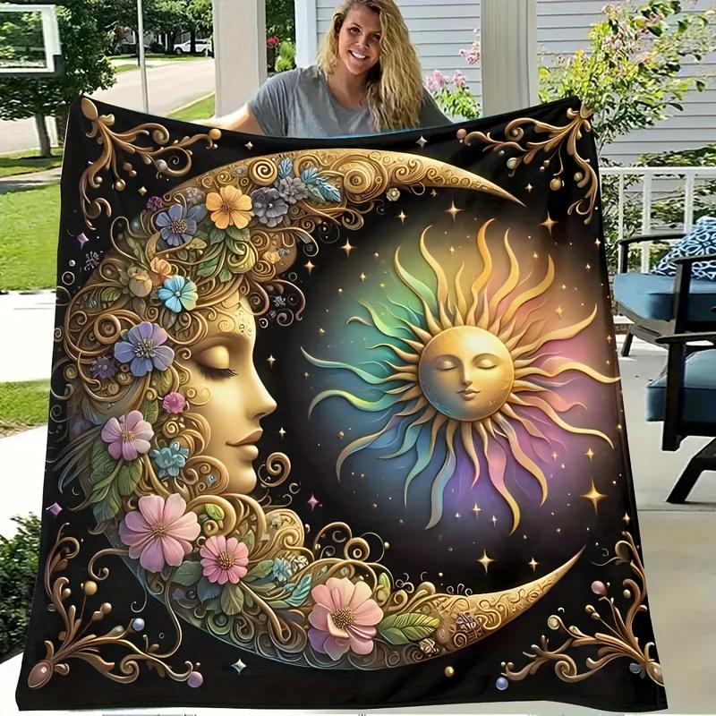 1 Bohemian Style Starry Harmony Throw Blanket, Dreamy Sun And Moon Print, All Season Light Flannel, Multi-purpose For Sofa, Bed 130X150cm