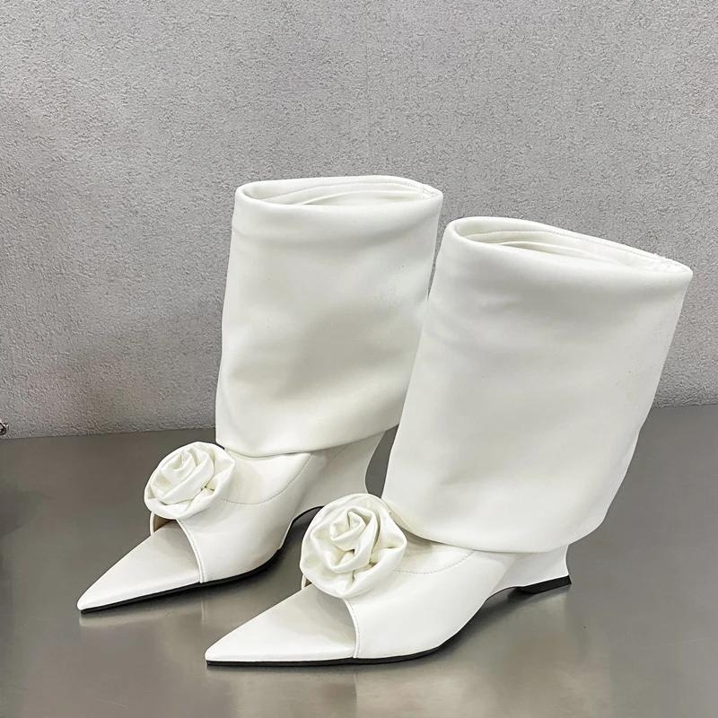 Street Style Design Flowers Peep Pointed Toe Women Ankle Boots Sandals Fashion Wedges High Heels Ladies Shoes