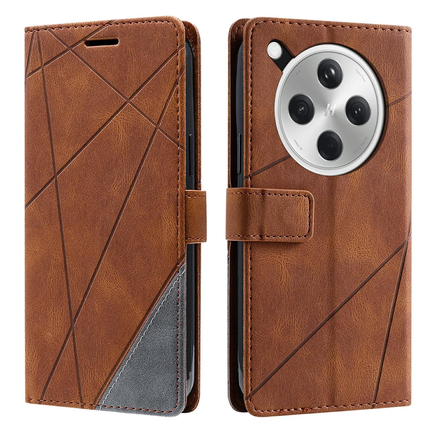 

For Oppo Find X8 5G Case Imprinted Lines PU Leather Splicing Wallet Phone Cover Brown