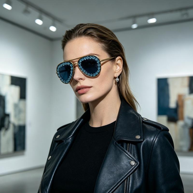 Diamond-studded large-frame sunglasses, new women's sunglasses, exaggerated large-frame sunglasses, metallic sunglasses with high personality
