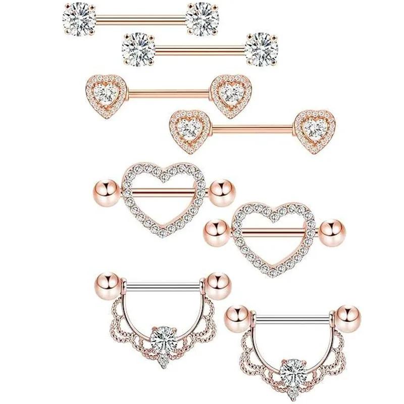 Rosa Herz Brustwarzenpiercing Stange Set Glänzende Kristall Brustwarzenringe Großpackung Für Frauen Blume Brustwarzen Schmuck Packung Piercing Teton Mengen