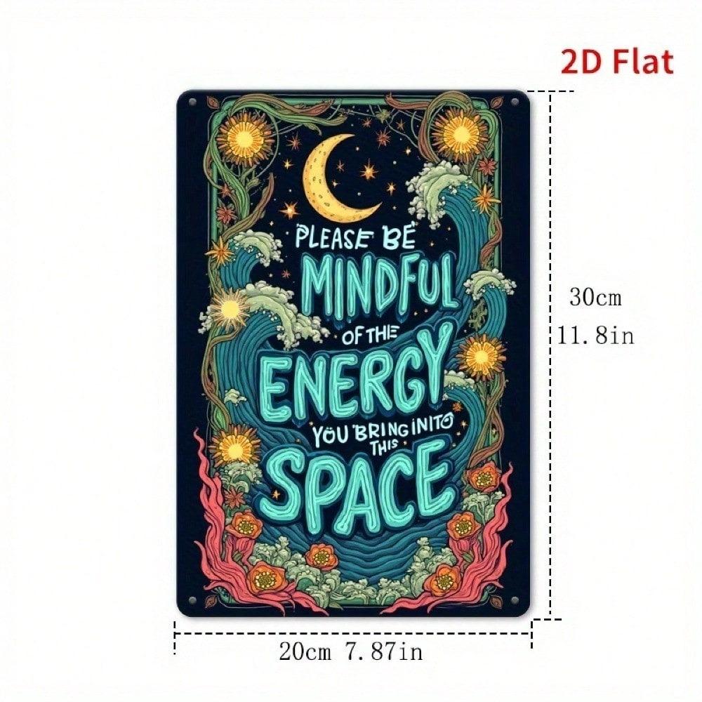 Vintage Tin Metal Sign Floral Starry Moon Mindful Energy Quote 8x12 Inch Wall Art