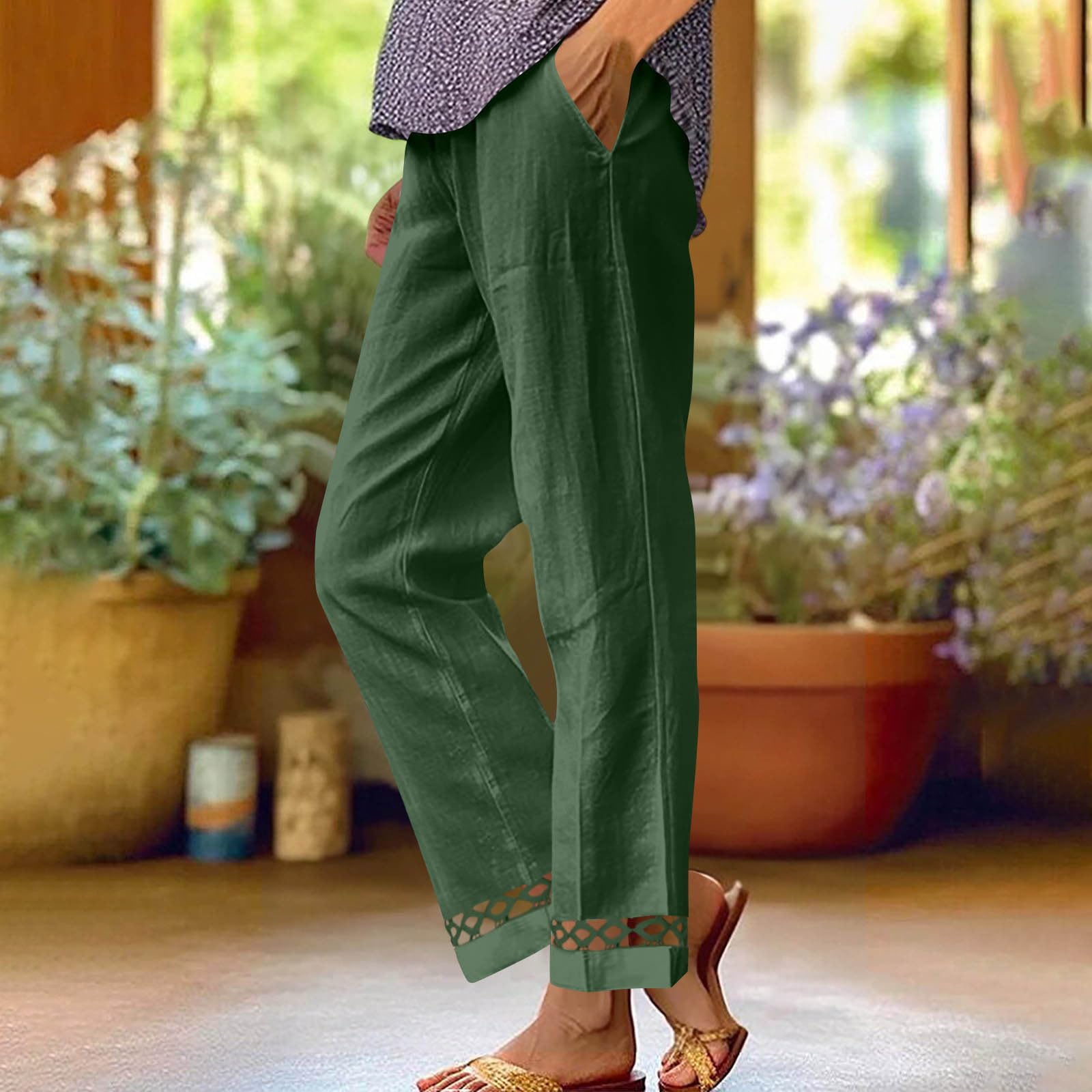 Ladies  Casual And Fashionable Loose And  Lace Straight Leg Casual Pants L