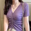 2023 Summer Women's V-Neck Ice Silk Knitwear, Slimming Half-Sleeve Top with Button Drawstring
