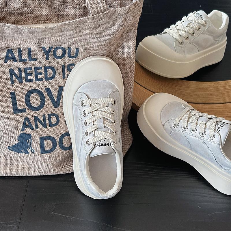 Pantofi casual versatili cu șireturi platformă pentru femei, cap mare, noi de primăvară, adidași din piele lustruită