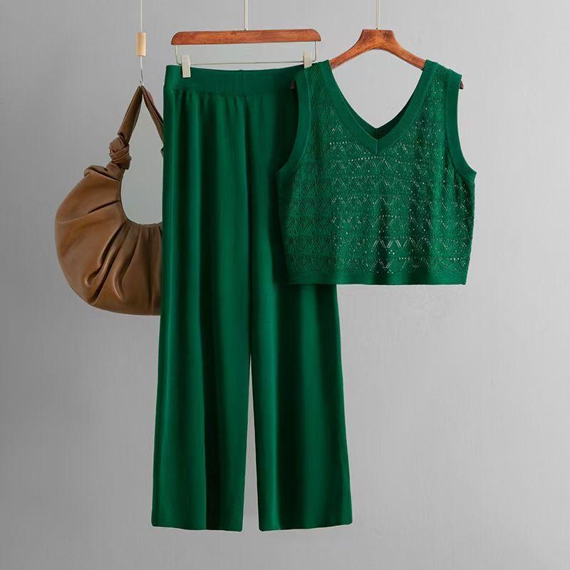 

Fashion Wind New Arrival Knitting Cut Out Vest Loose Pants Two-Piece Suit Knitted Vest and Pants Set Green All yards