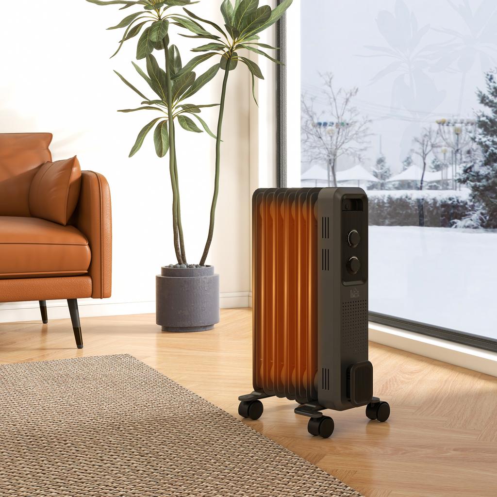 1500W Oil Filled Radiator, Portable Electric Heater with 3 Heat Settings, Safety Cut-Off and Wheels, Grey