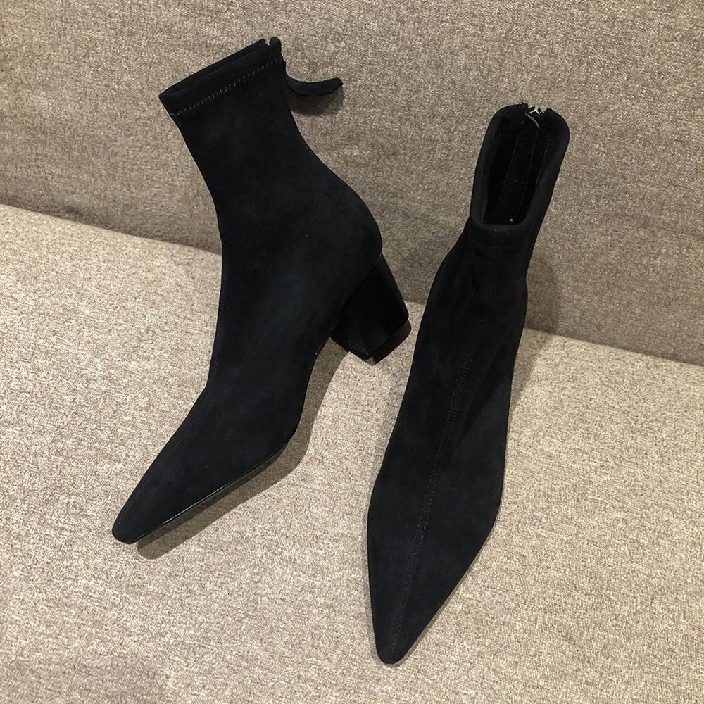 Autumn Winter Fashion Women Pointed Toe Yarn Elastic Ankle Boots Kid Suede Thick Heel Shoes Female Socks Boots Bota Femini