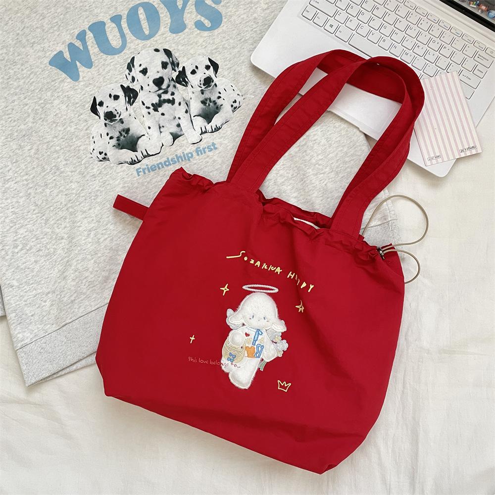 

Canvas bag Large capacity women s embroidery lamb fabric bag Simple versatile drawstring bundle shoulder bag бордовый