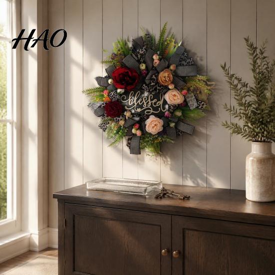 Harvest Seasonal Garland Fall Leopard Print Wreath for Front Door, Artificial Floral with Home Accents Blessed Sign, Faux Peony Flower Wall
