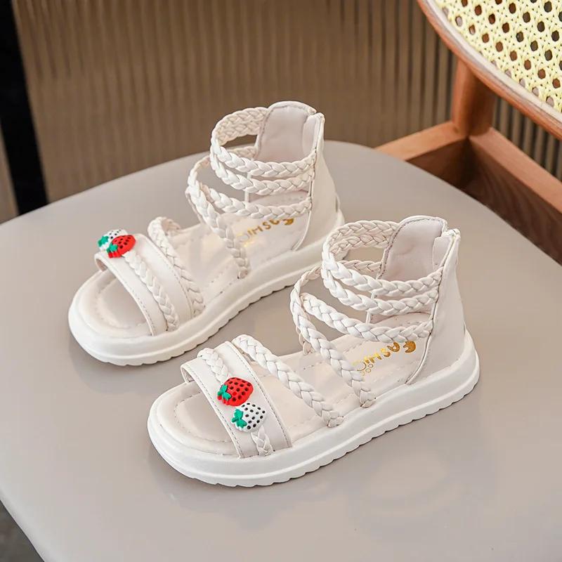 Girls Sandals Summer Cute Strawberry Children Princess Causal Gladiator Sandals Fashion Open-toe Kids Thick Bottom Roman Sandals