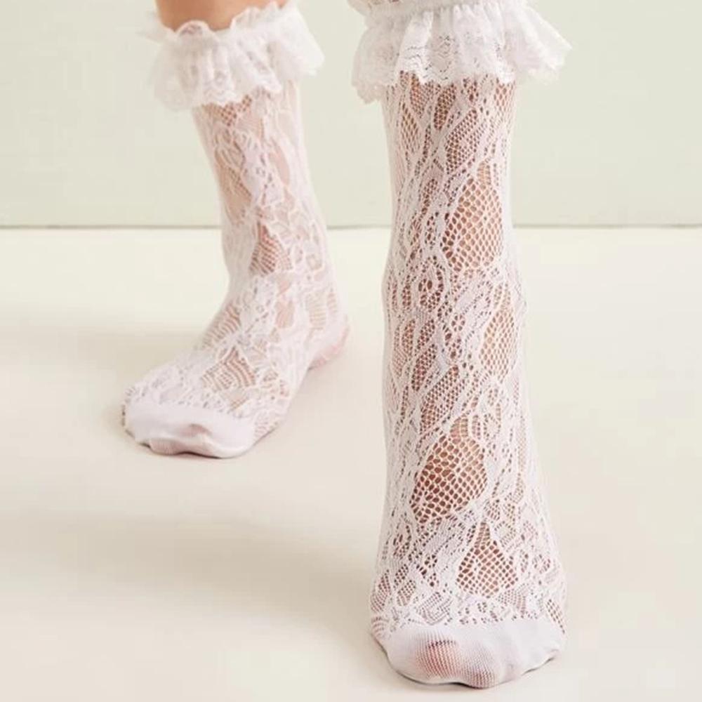 2 Pairs Lace Mid Tube Socks For Women's Lolita Retro Women's Jacquard Princess Sock White Breathable Anti Hook Silk Girls' Socks