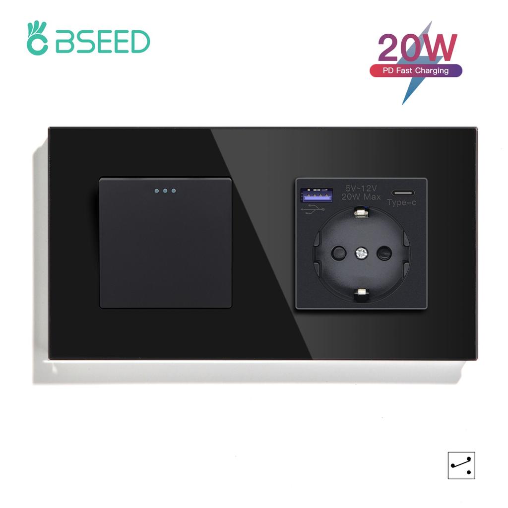 BSEED 1/2/3Gang Mechanical Light Switches 2way For Stairs Corridors with EU Power Sockets USB Type-c Ports Glass Panel Black