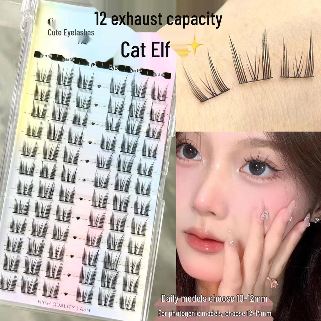 Mengjie 12-Row Cat Elf False Eyelashes, Large Capacity Natural Clusters, Segmented for On-Camera Use