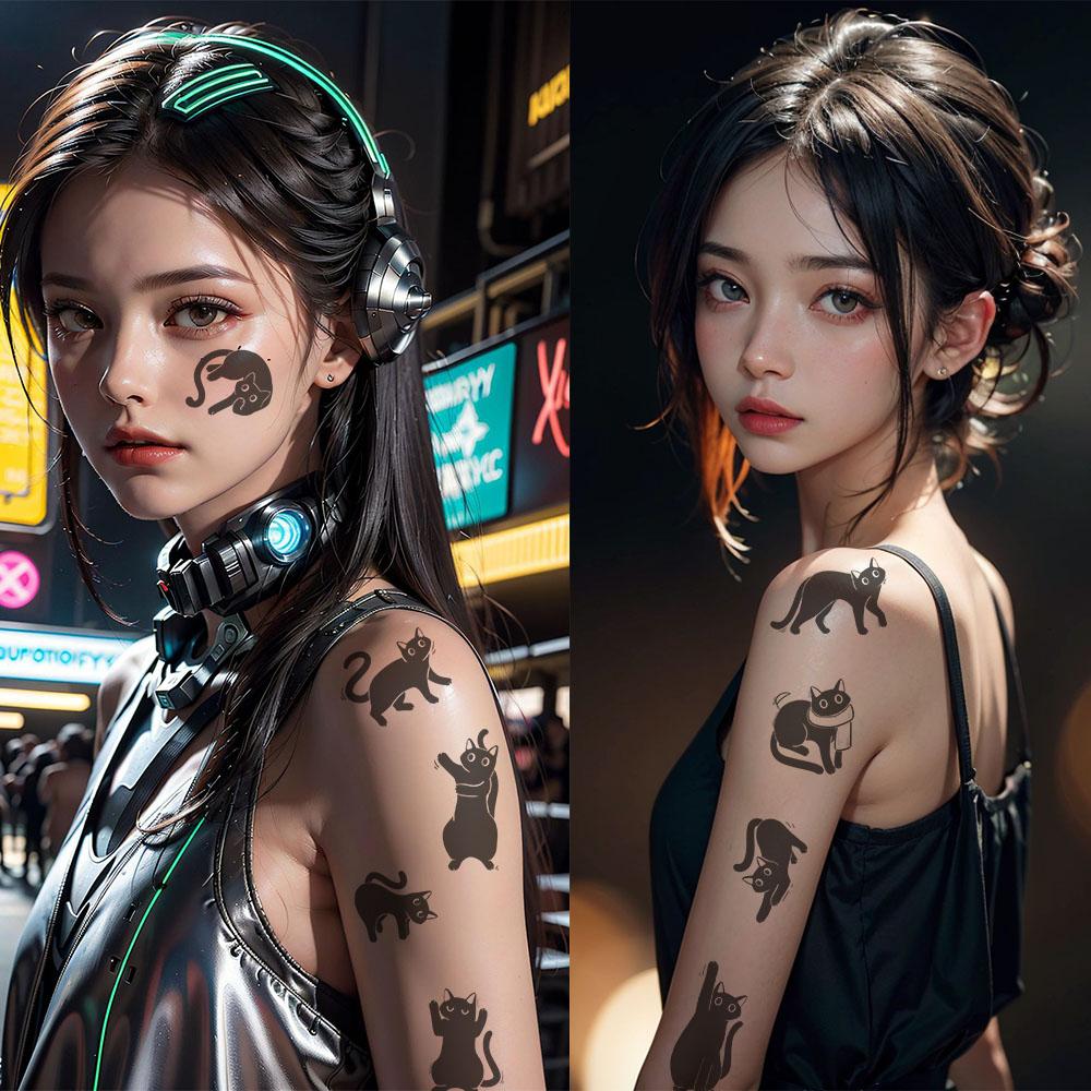 10 foi Autocolante de tatuaj cu pisică neagră drăguță de desene animate pentru mână, braț, corp, autocolante decorative, impermeabile, pentru copii, jucării creative, cadouri