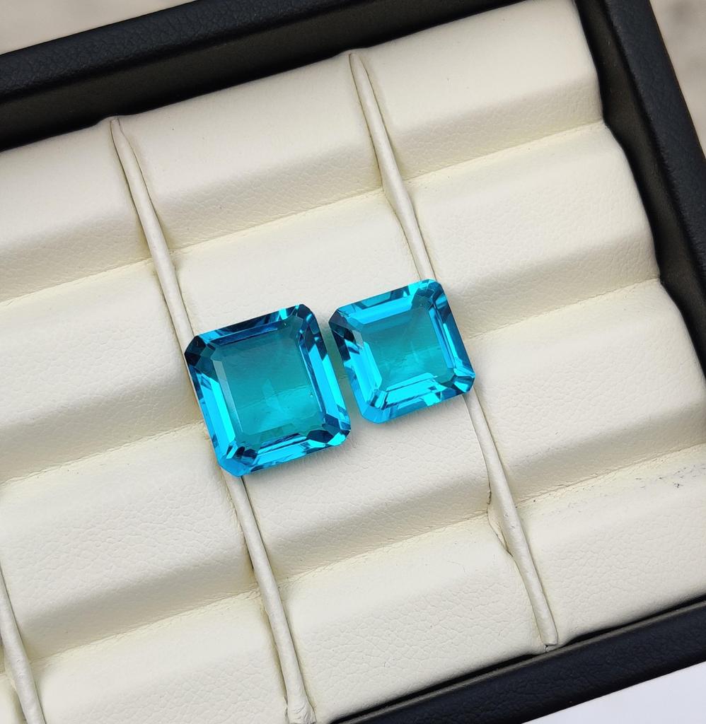 2 Pcs Set, 11 to 13 MM Size, 11.35 Carat, Eye Clean Blue Topaz Shade Glass Stone, Glass Rhinestones, faceted Square Rectangle Glass Stone.