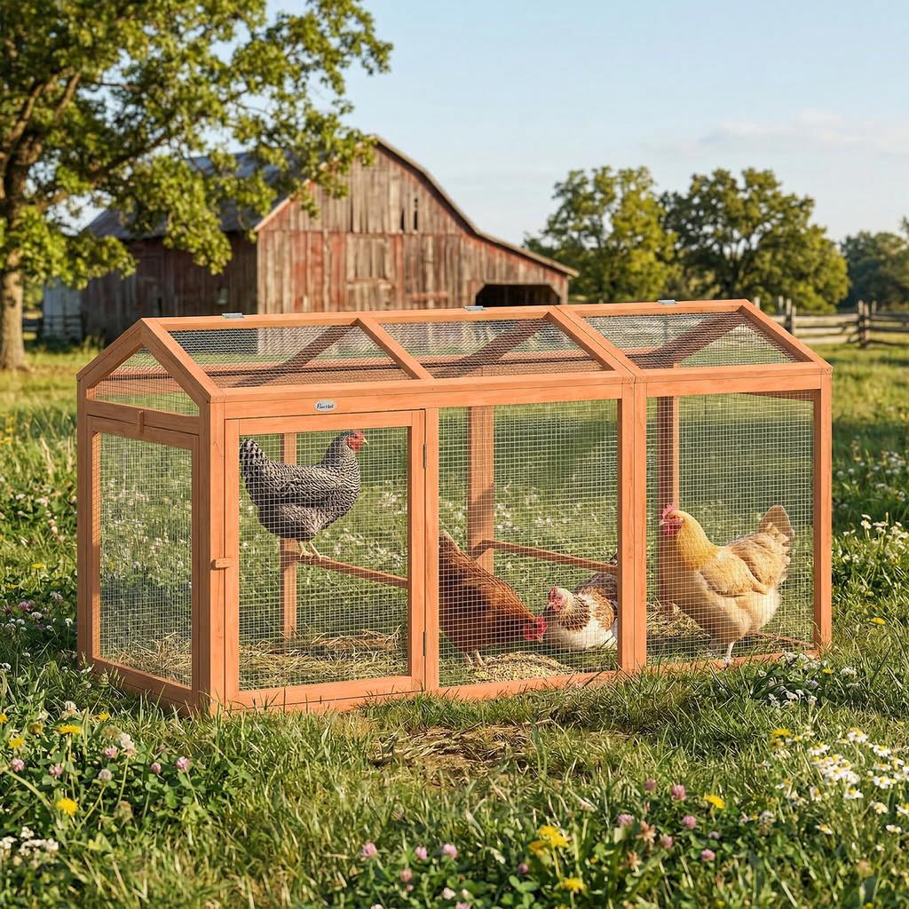 Chicken Coop Free-Range Run with Perch Double Doors, Made of Wood and Metal, for 4 Chickens, 156 x 70.5 x 84 cm Orange