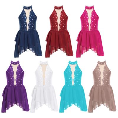 Kinder Mädchen Ballett Lyrical Dance Kleid Strass Eiskunstlauf Kostüm Ärmellos Sheer Mesh Gymnastik Trikot Dancewear