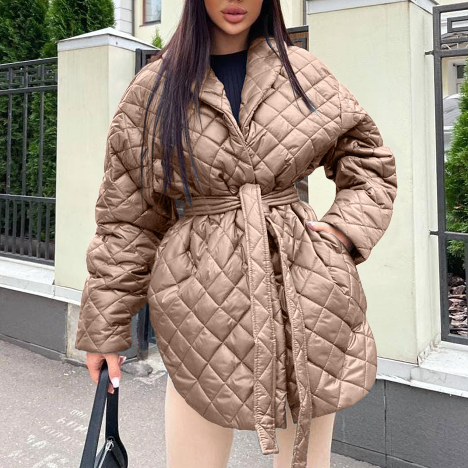 

Women s Long Sleeve Rhombus Solid Color Thickened Button Cotton Outerwear Coat Jacket L хакі