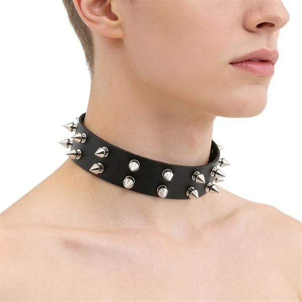 Unisex European Punk Black Leather Choker with Metal Chain and Lock Pendant.