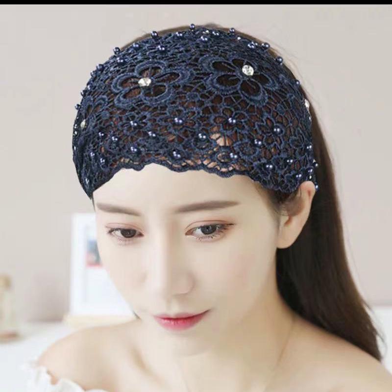 Beaded Headband: Women's Hollow Breathable Lace Wide-Brim Headscarf & Forehead Protector Hair Tie.