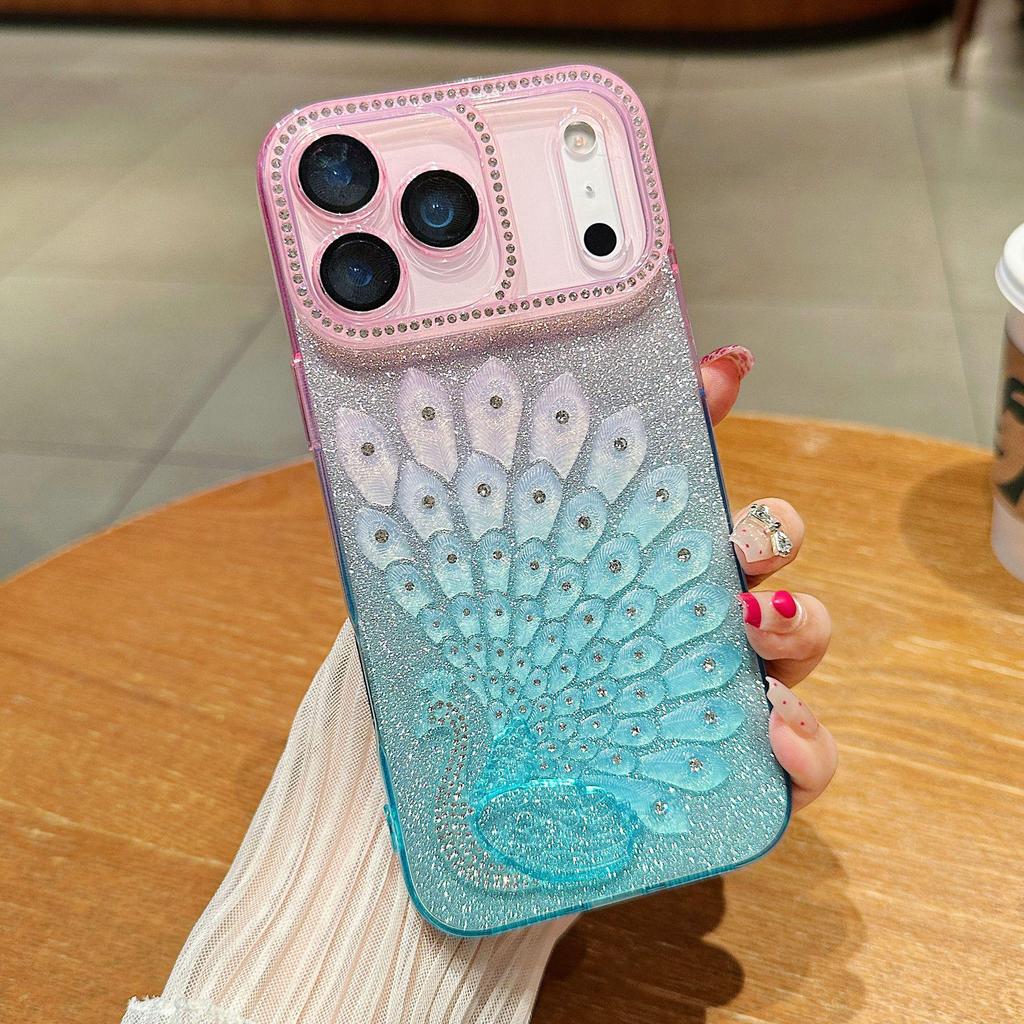 Colorful Gradient Glitter Peacock iPhone 17 Case with Rhinestones for Apple 16 Pro Max