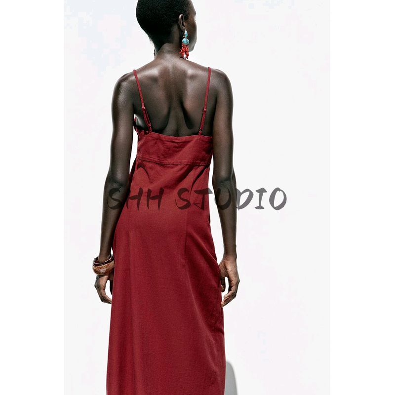 Summer New Women Clothes Frill Decoration V-neck Linen Blend Temperament Sling Midi Dress 8372117