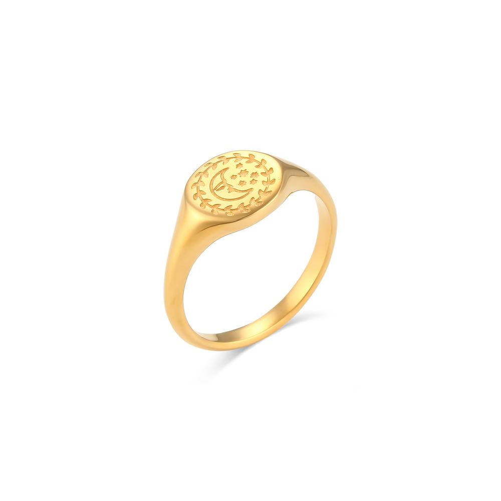 E.B.belle Creative Eagraved Facial Expression of Moon Sun Star Gold Plated Ring Tarnish Free Stainless Steel Godness Signet Ring