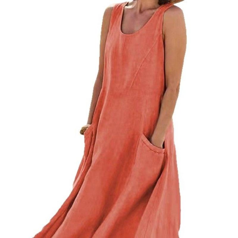 Women's Cotton Linen Midi Dress Sleeveless Scoop Neck Pockets Loose Fit Summer Dress