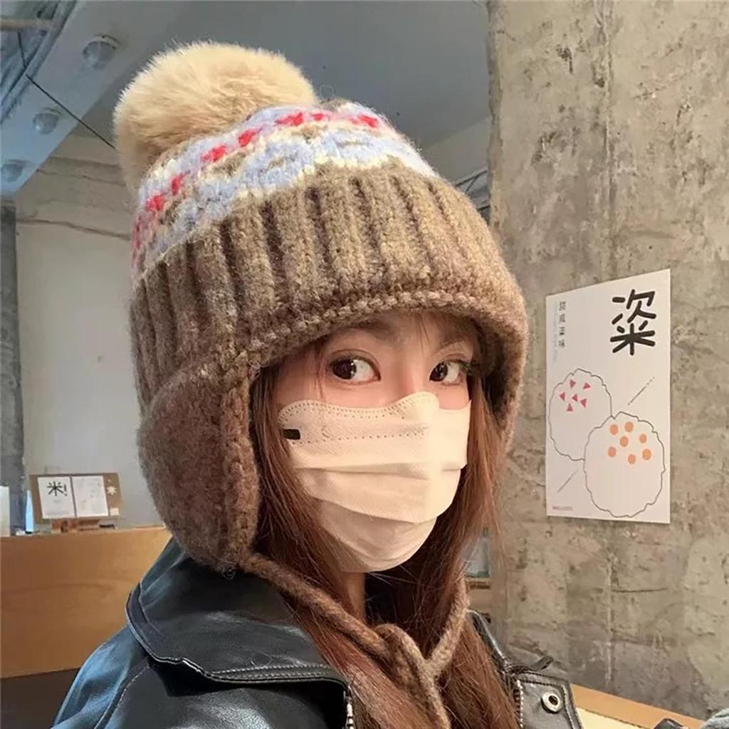 Cappello lavorato a maglia stile Fair Isle per donna, berretto invernale caldo con jacquard etnico, protezione per le orecchie, berretto per bambina, anti-freddo, paraorecchie da Sci sulla Neve, berretto