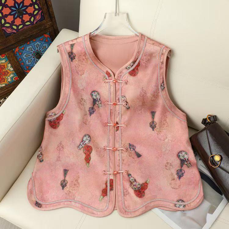 

Spring 2026 Women s Tang Suit: Sleeveless Jacquard Vest with Frog Button - Round Neck, Stylish, Loose Fit. 2XL (suggested weight: 115-130 jin) розовый