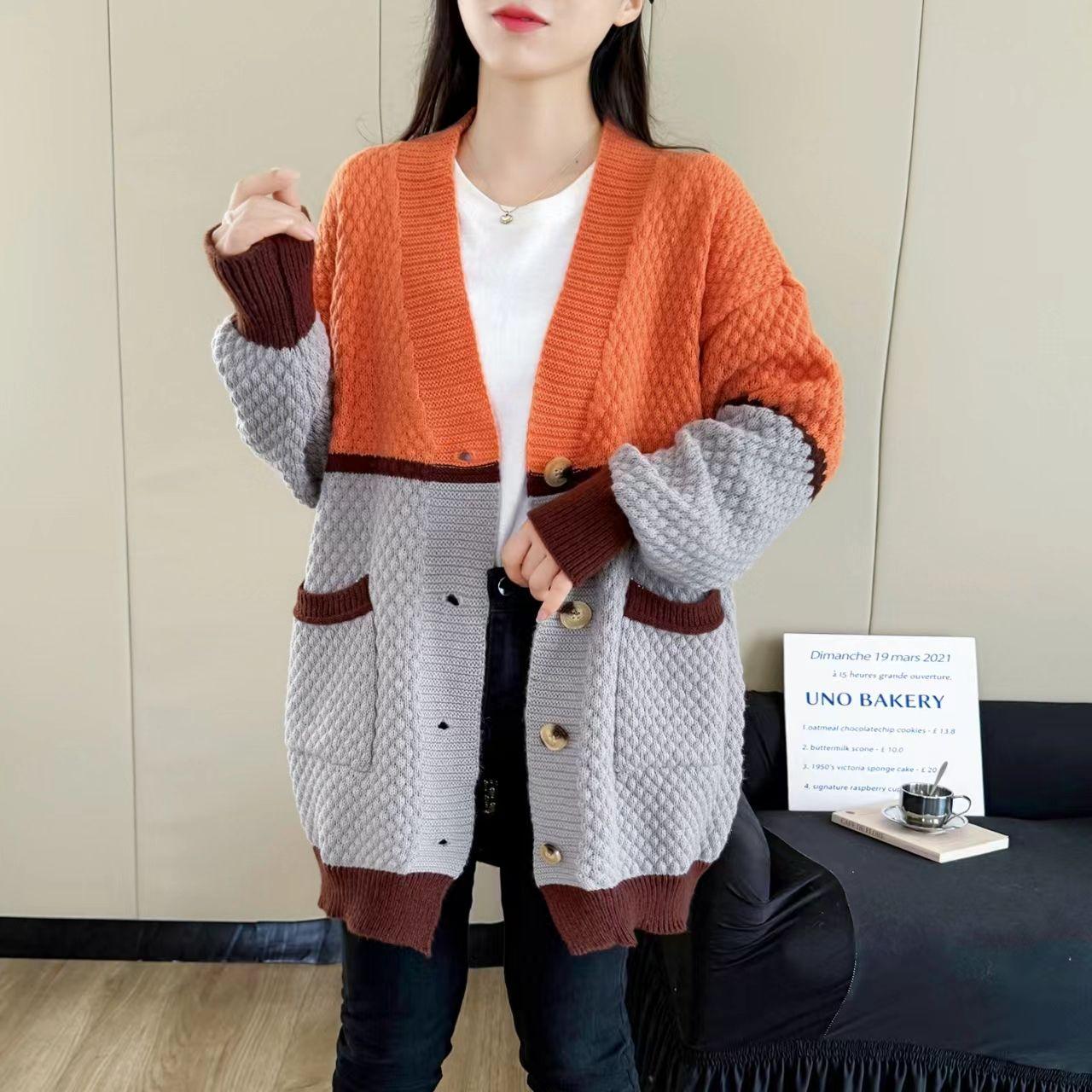 

Женский свитер большого размера, куртка весна-осень, свободный вязаный кардиган с цветными блоками, свитер, контрастный трикотажный жакет с V-образным вырезом 6XL оранжевый