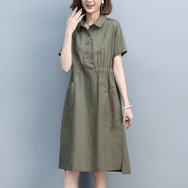Solid Color Loose Casual Waist Slimming Plus Size Women's Dress Mom