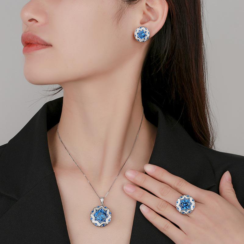 Jewelry Copper Bottom Gold-Plated Simulation Blue Spinel Round Temperament Light Luxury Women 10-8Mm