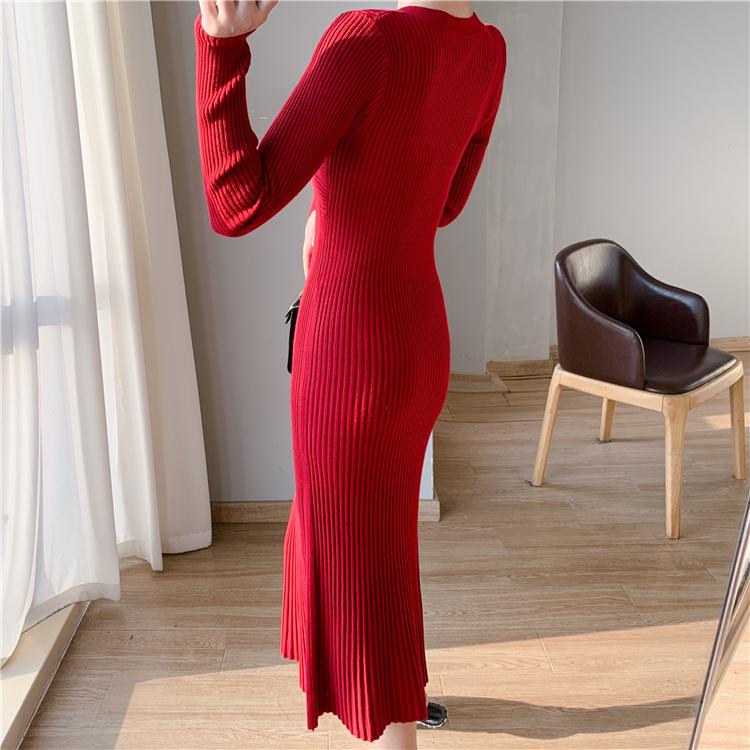 Red Knitted Slimming Dress for Women - New Year's Autumn/Winter Edition