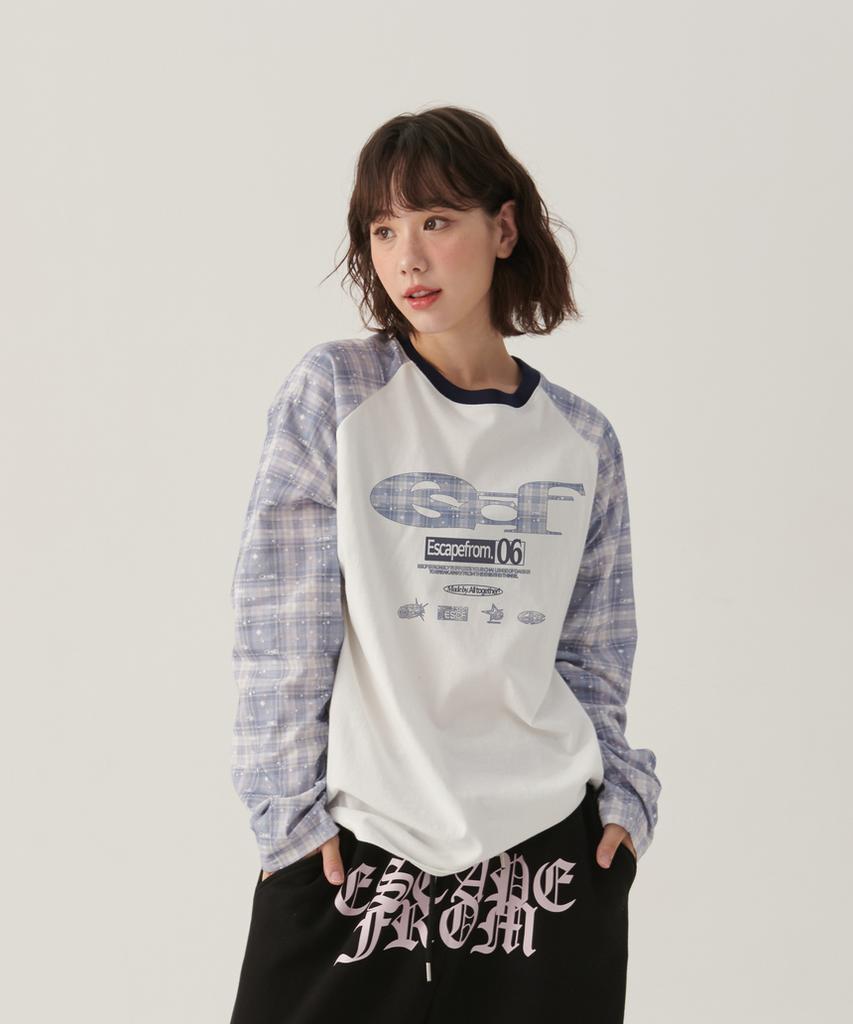 ESCAPEFROM Escf Logo Collage And Logoplay Check Full Print Long Sleeve Blue