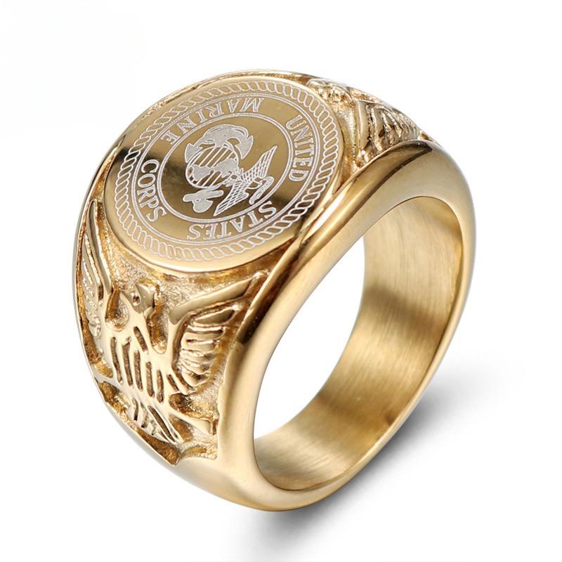 2026 European Soldier Badge Titanium Steel Ring, Marine Corps Personalized Golden Eagle Ring Men