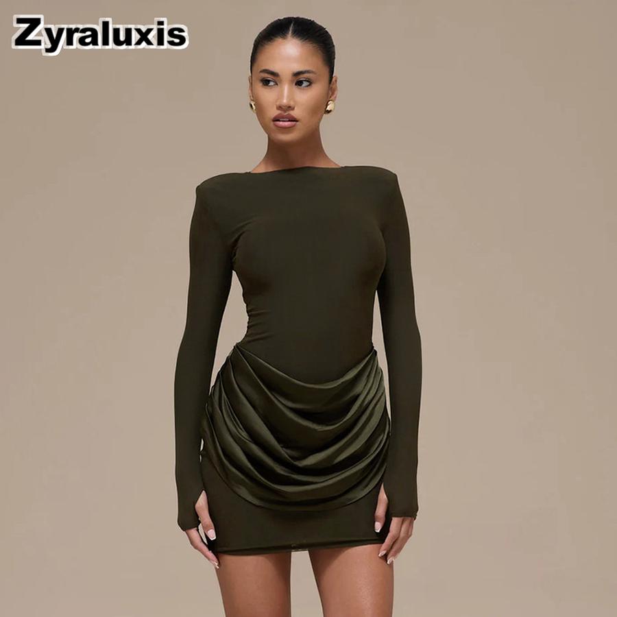 Women's Autumn Winter New Style Solid Elegant Casual Slim Fit Crew Neck Long Sleeve Ruffled Mini Dress
