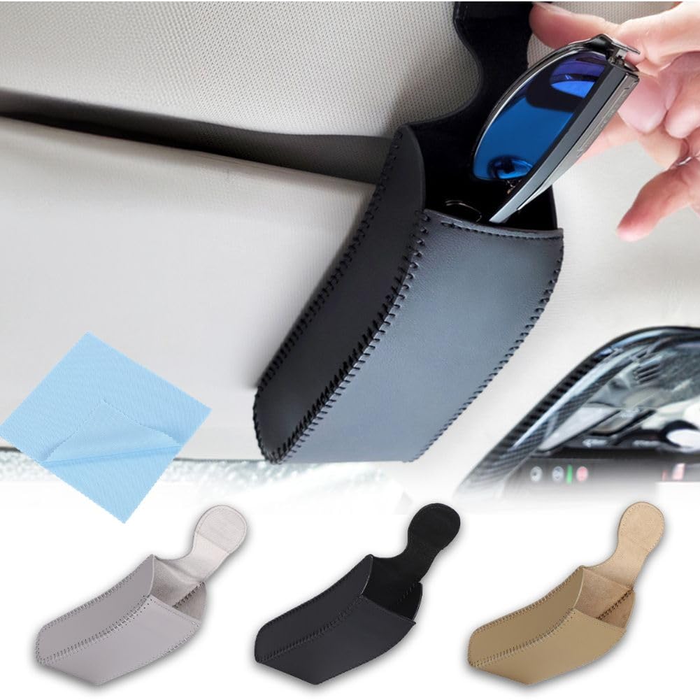 PALTIA Car Sunglasses Holder Vertical Glasses Storage PU Leather Sun Visor Mount Lens Wipe Included (Black)