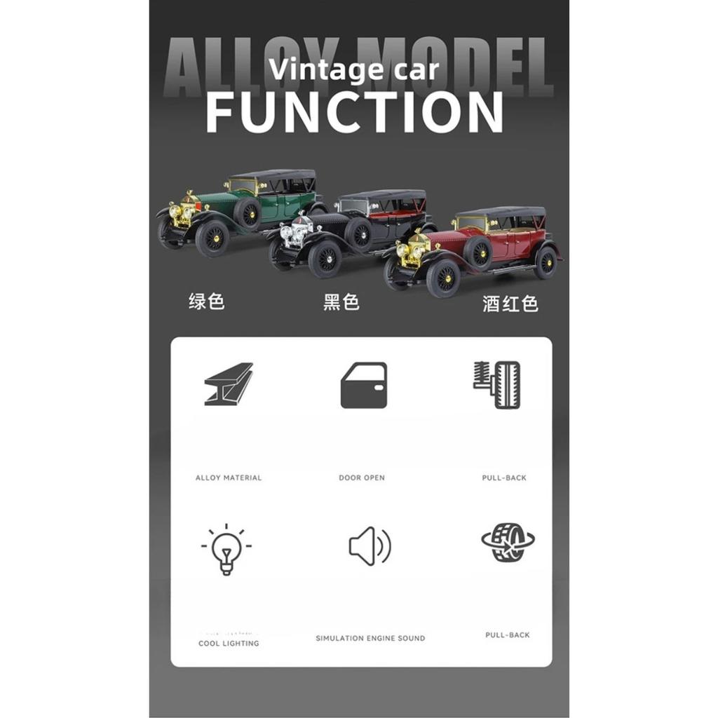 Simulation 1/24 Rolls-Royce Phantom Vintage Car Alloy Car Model Collection Ornaments Sound Light Pull Back Boy Gift Sound Light Miniature