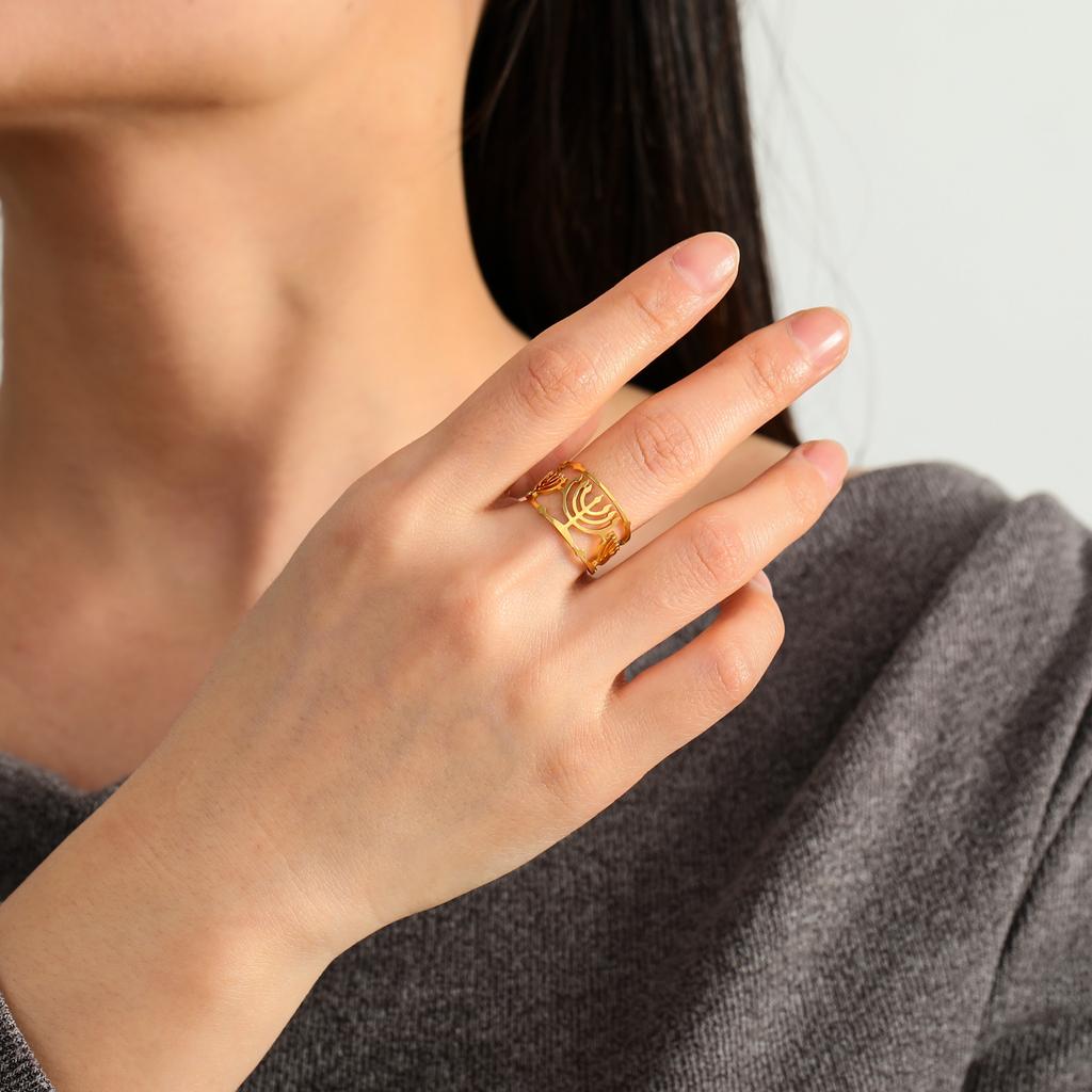 Lucktune Judaism Menorah Rings for Women Stainless Steel Star of David Candle Holder Open Rings Hanukkah Chanukah Jewelry Gifts