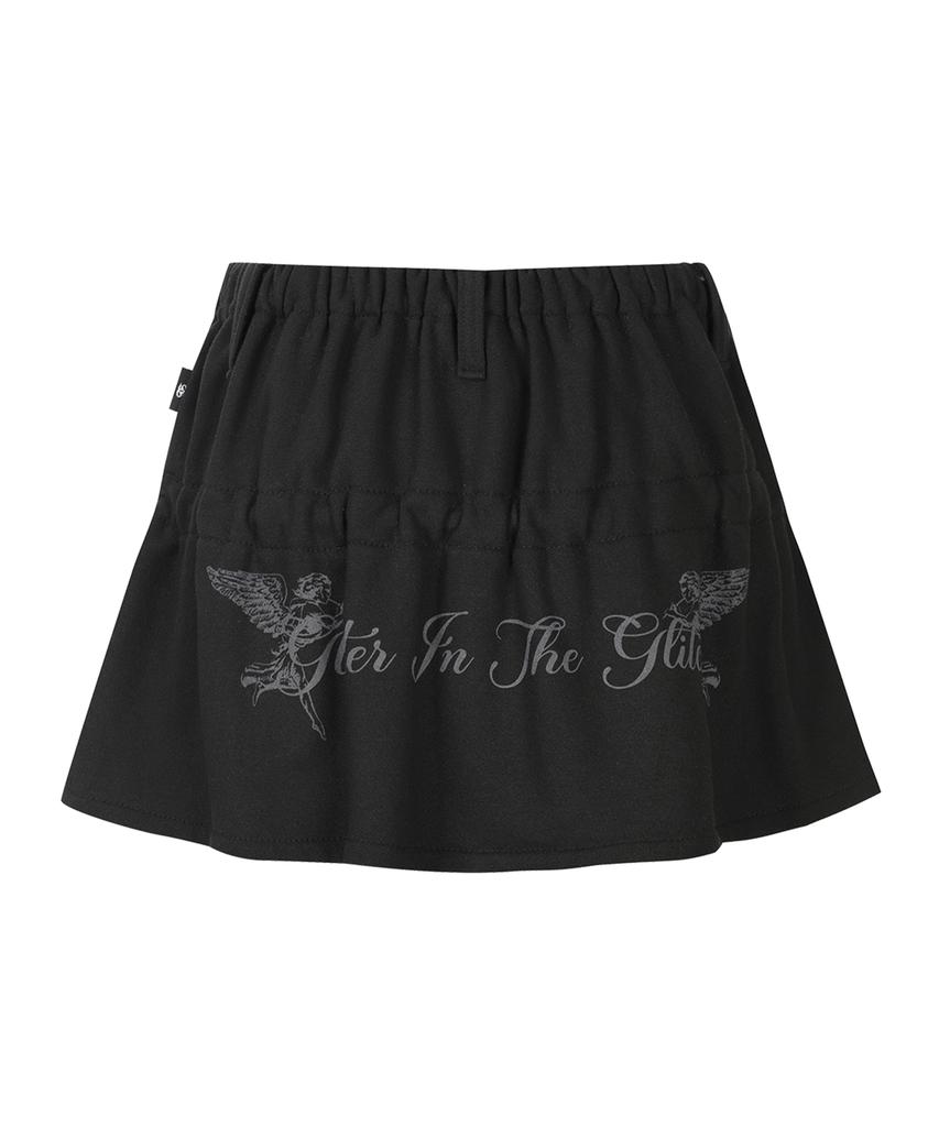 Gillaakaibeu Lettering Angel Wing Shirring Skirt_Black