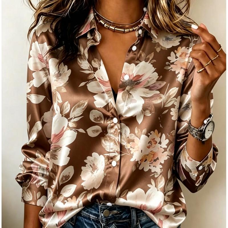 Dames Satijnen Blouse met Lange Mouwen Vintage Grote Pioenroos Bloemenprint Blouse Kraag Enkelrijig Losse Kantoor Tops