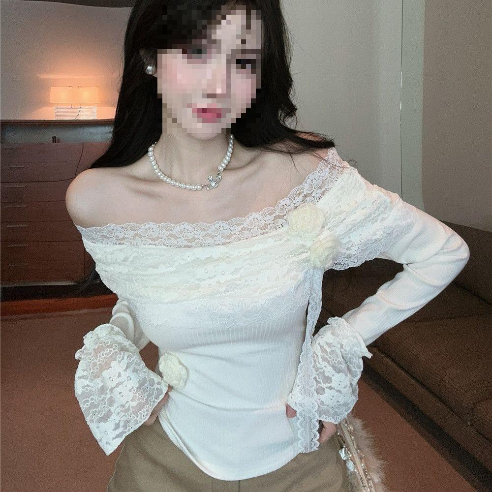 Korean Style One-Shoulder Lace Flower Long Sleeve Slimming Top