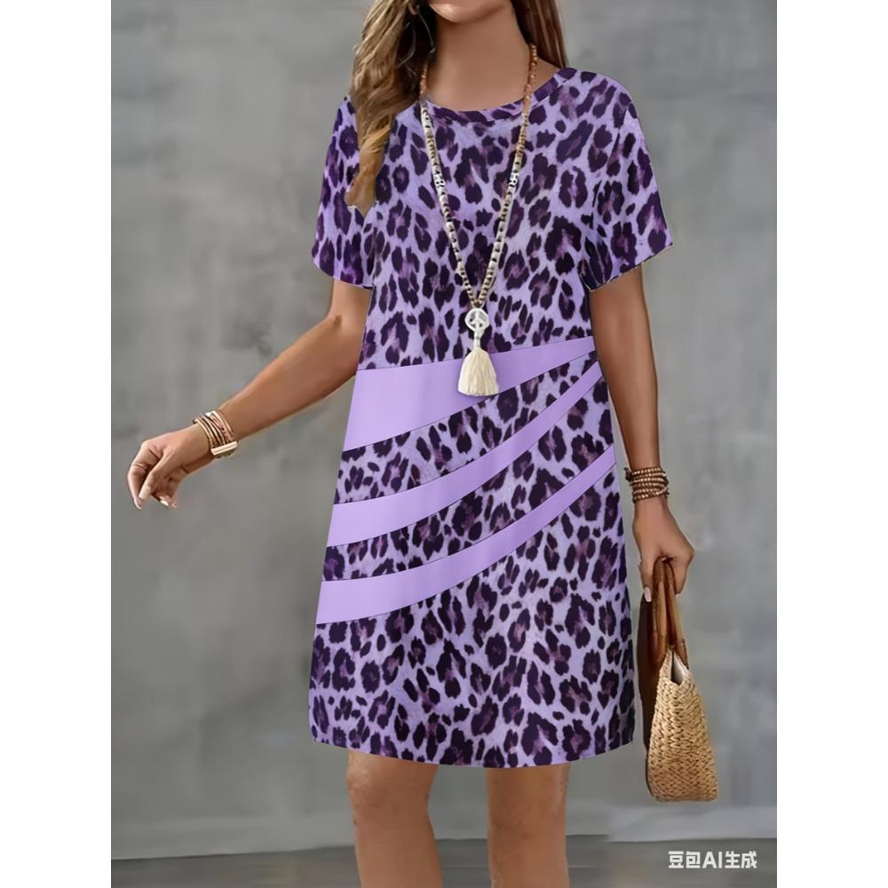 Short-sleeved fashionable yellow leopard print 3D printed women's round-neck loose mini dress for casual wear