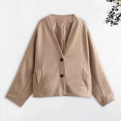 Herbst Frühling Damen Jacke Locker V-Ausschnitt Taschen Doppelknopfverschluss Warm Locker Wollmantel Midi