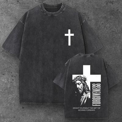 Unisex Jesus Vergebung Oversized T-Shirt Gewaschenes Schwarz Y2K Streetwear S-2XL