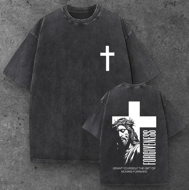 Unisex Jesus Forgiveness Oversized T Shirt Washed Black Y2K Streetwear S-2XL S