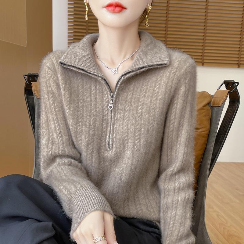 

Женский жаккардовый шерстяной свитер с высоким воротником на молнии, свободного кроя Extra Large