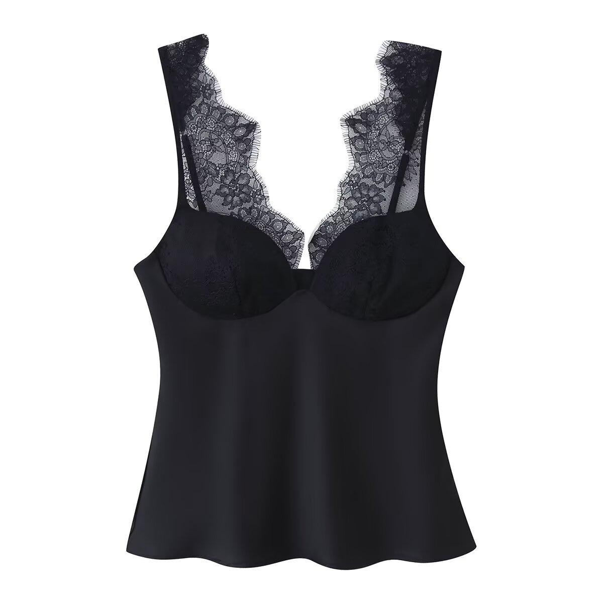 European Autumn/Winter Women s Lace Satin Sleeveless Vest Top S чёрный